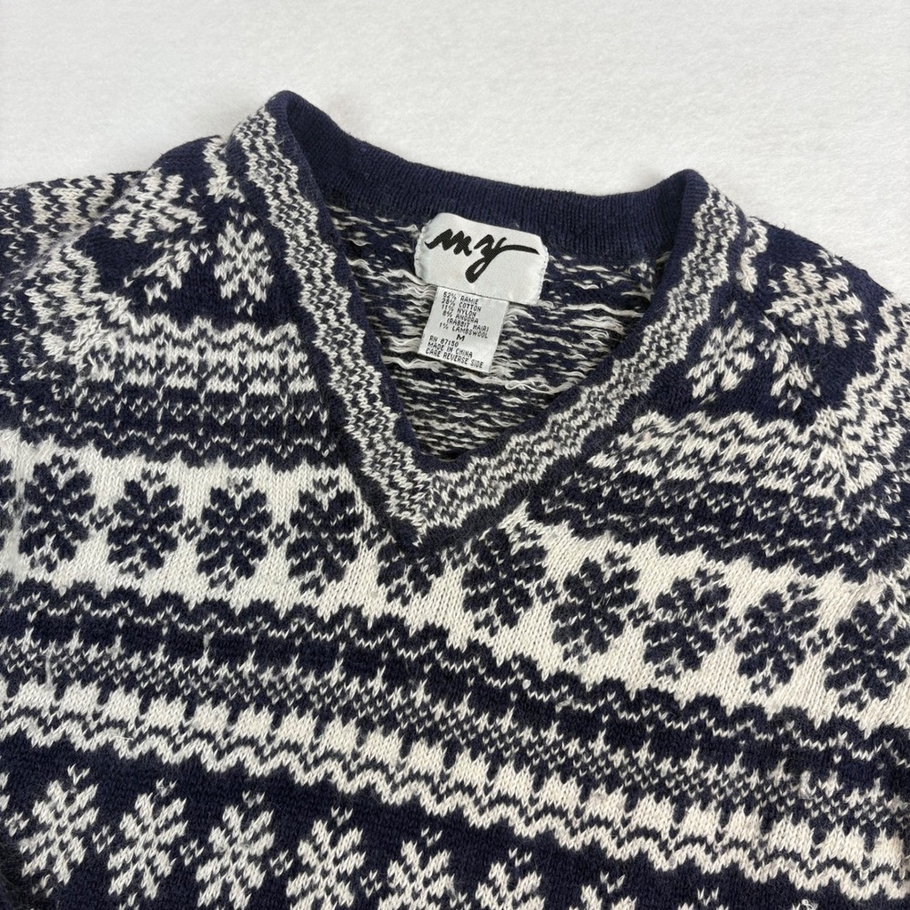 VTG Sweater Womens M Blue Fair Isle Granny V-Neck Ramie Cotton Cottage Cabin